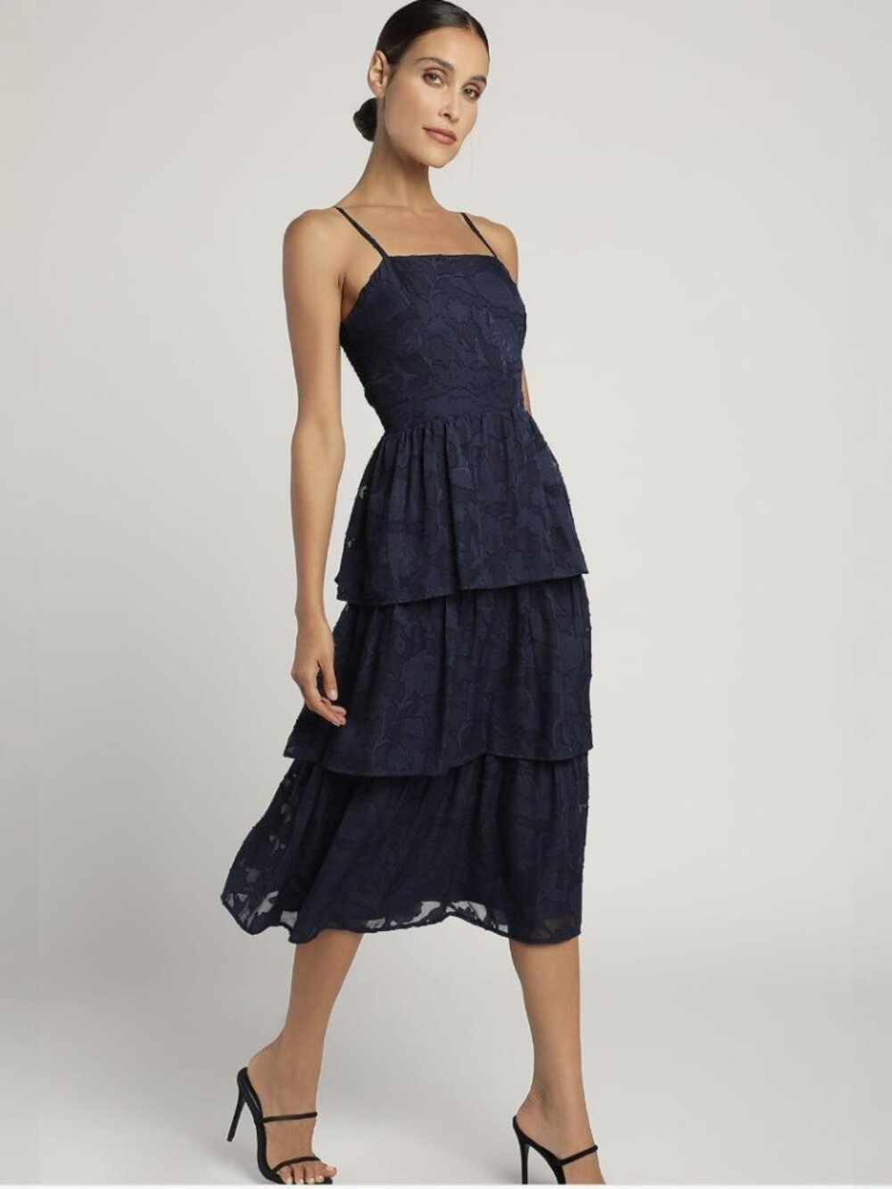 Lulus Grace and Beauty Navy Blue Burnout Floral Print Tiered Dress NWT - Picture 2 of 9